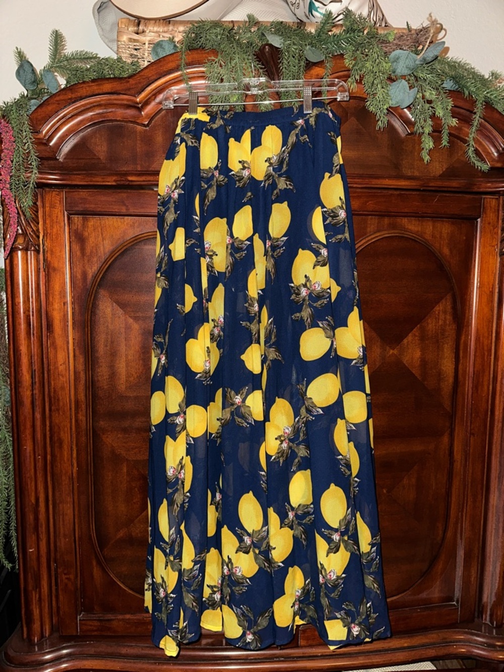 Navy Lemon Print Maxi Skirt - Bright Yellow Pattern